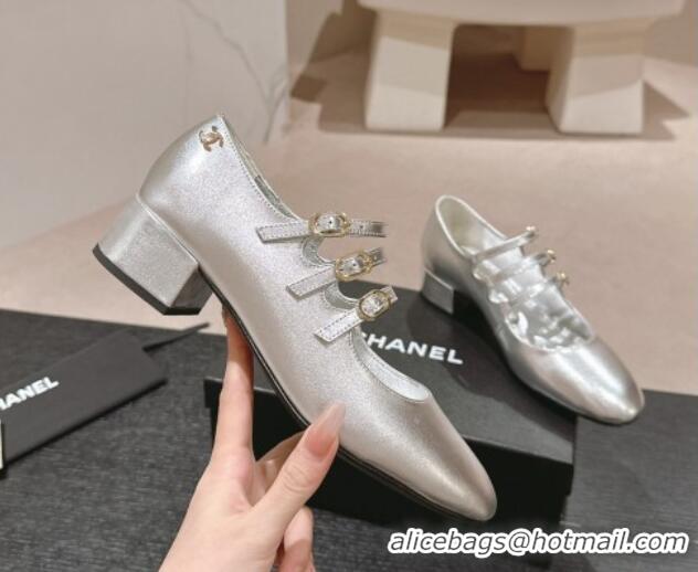 Popular Style Chanel Calfskin Mary Janes Pumps with Trible Buckle Strap Silver 816124