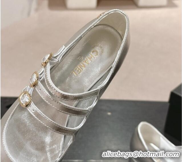 Popular Style Chanel Calfskin Mary Janes Pumps with Trible Buckle Strap Silver 816124