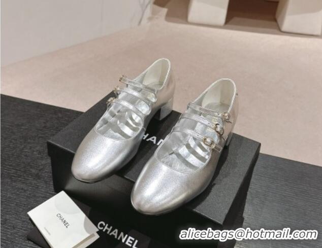 Popular Style Chanel Calfskin Mary Janes Pumps with Trible Buckle Strap Silver 816124