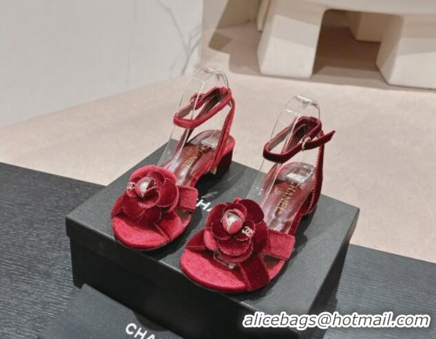 Best Product Chanel Velvet Heel Sandals 3.5cm with Camellia Bloom Burgundy 816125