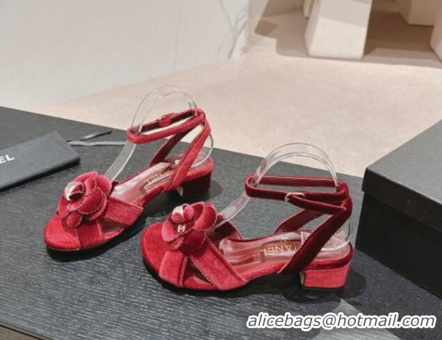 Best Product Chanel Velvet Heel Sandals 3.5cm with Camellia Bloom Burgundy 816125