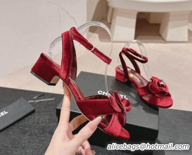 Best Product Chanel Velvet Heel Sandals 3.5cm with Camellia Bloom Burgundy 816125