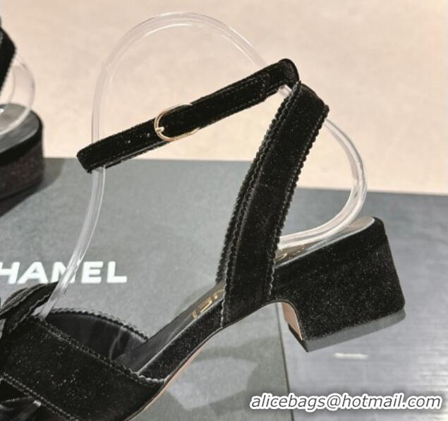 Top Design Chanel Velvet Heel Sandals 3.5cm with Camellia Bloom Black 816126