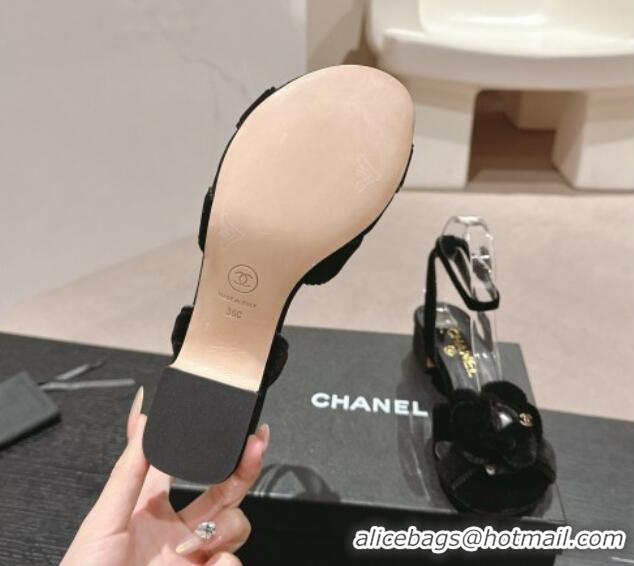 Top Design Chanel Velvet Heel Sandals 3.5cm with Camellia Bloom Black 816126