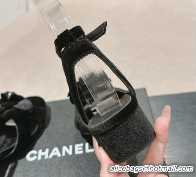 Top Design Chanel Velvet Heel Sandals 3.5cm with Camellia Bloom Black 816126