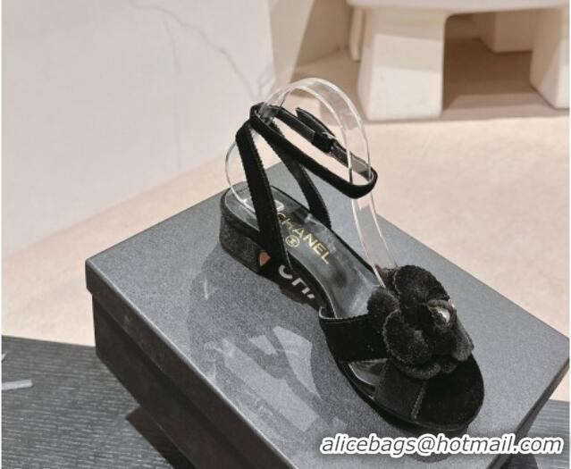 Top Design Chanel Velvet Heel Sandals 3.5cm with Camellia Bloom Black 816126