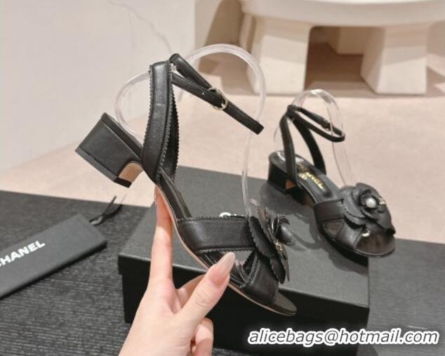 Shop Duplicate Chanel Calfskin Heel Sandals 3.5cm with Camellia Bloom Black 816128