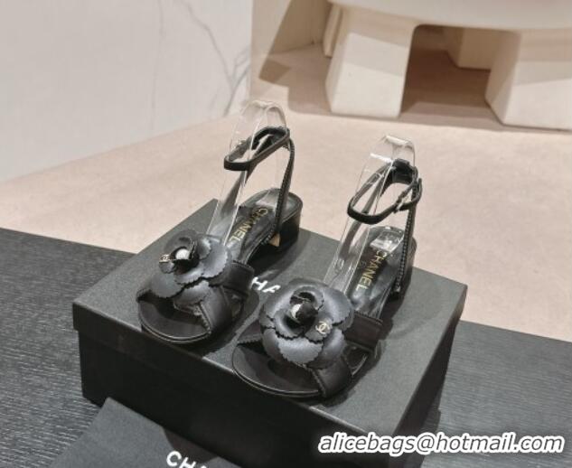 Shop Duplicate Chanel Calfskin Heel Sandals 3.5cm with Camellia Bloom Black 816128