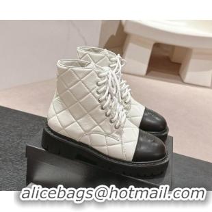 Best Grade Chanel Quilted Calfskin Lace up Ankle Boots White 816129