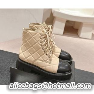 Low Price Chanel Quilted Calfskin Lace up Ankle Boots Beige 816130