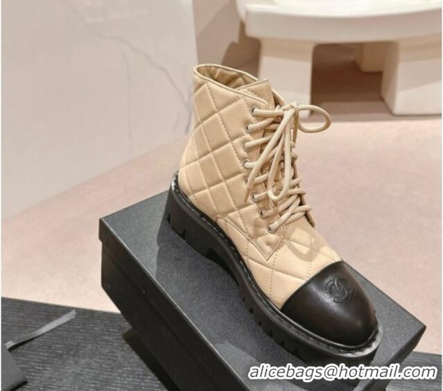 Low Price Chanel Quilted Calfskin Lace up Ankle Boots Beige 816130