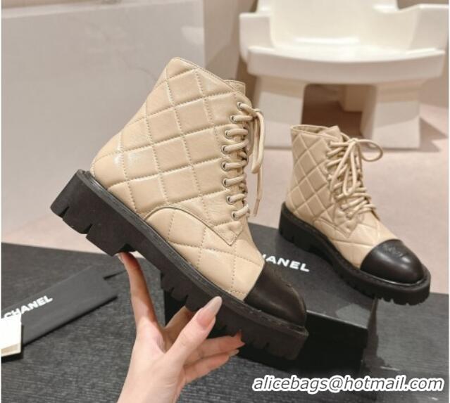 Low Price Chanel Quilted Calfskin Lace up Ankle Boots Beige 816130