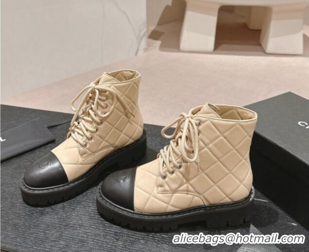 Low Price Chanel Quilted Calfskin Lace up Ankle Boots Beige 816130