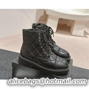 Durable Chanel Quilted Calfskin Lace up Ankle Boots Black 816131