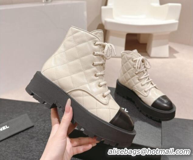 Unique Style Chanel Quilted Calfskin Platform Lace up Ankle Boots White 816133