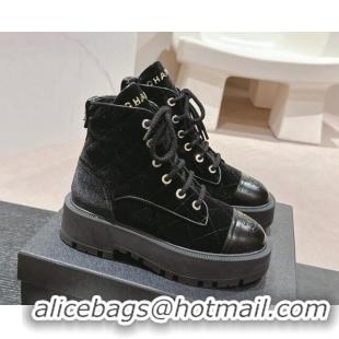 Low Cost Chanel Velvet Platform Lace up Ankle Boots Black 816134