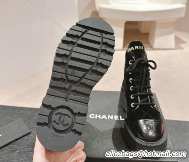 Low Cost Chanel Velvet Platform Lace up Ankle Boots Black 816134