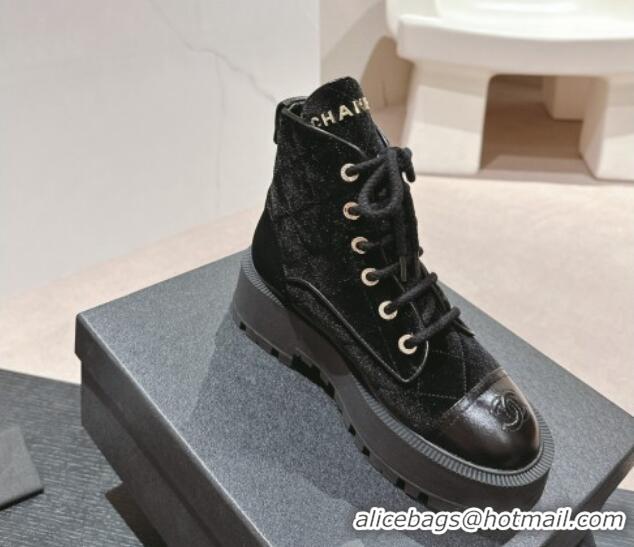 Low Cost Chanel Velvet Platform Lace up Ankle Boots Black 816134