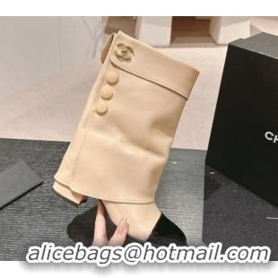 Top Design Chanel Lambskin & Patent Calfskin Heel Ankle Boots with Buttons Beige 817001