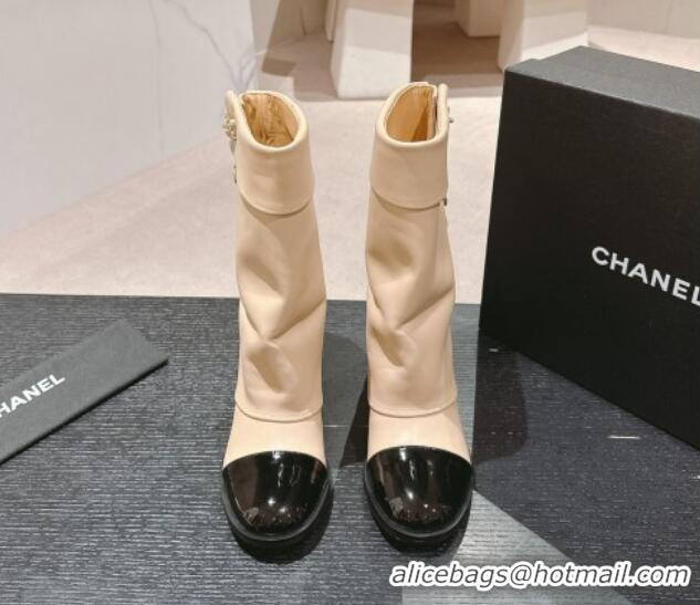 Top Design Chanel Lambskin & Patent Calfskin Heel Ankle Boots with Buttons Beige 817001