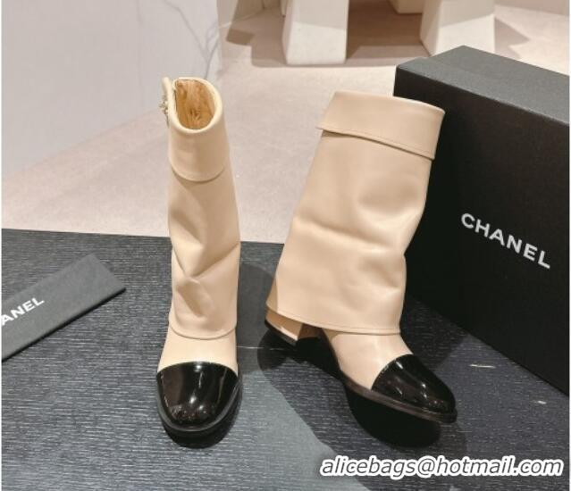 Top Design Chanel Lambskin & Patent Calfskin Heel Ankle Boots with Buttons Beige 817001