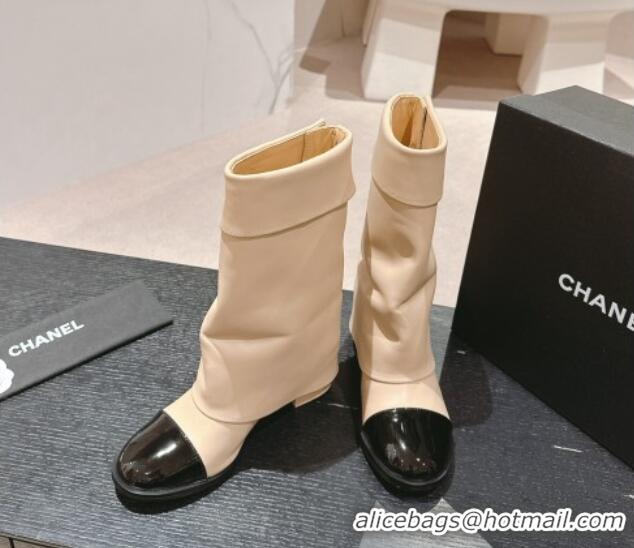 Top Design Chanel Lambskin & Patent Calfskin Heel Ankle Boots with Buttons Beige 817001