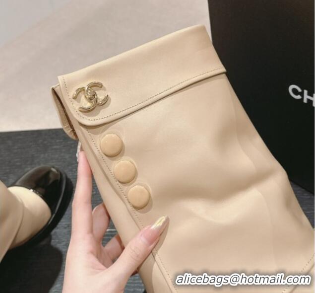 Top Design Chanel Lambskin & Patent Calfskin Heel Ankle Boots with Buttons Beige 817001