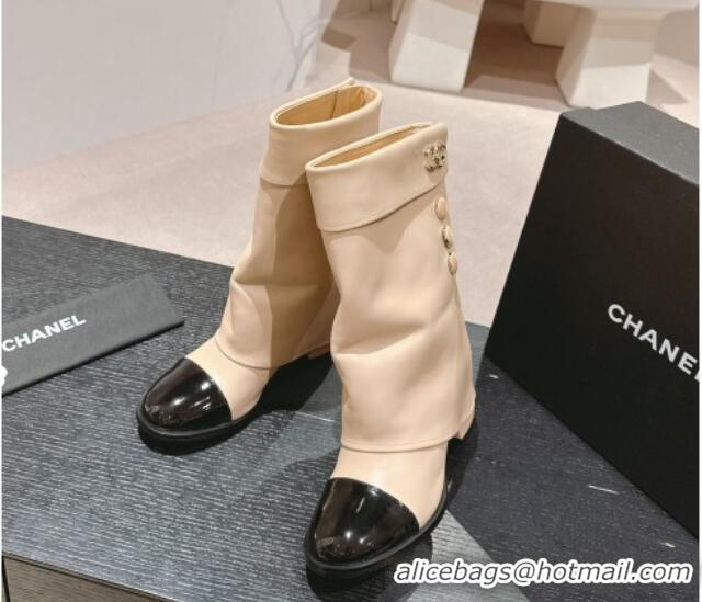 Top Design Chanel Lambskin & Patent Calfskin Heel Ankle Boots with Buttons Beige 817001