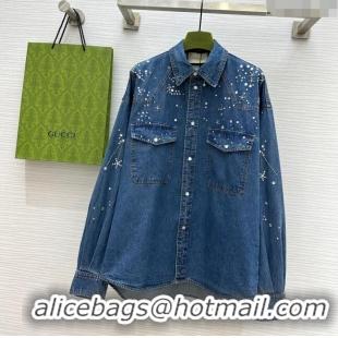 Top Quality Gucci Denim Shirt with Crystals G8722 Blue 2024