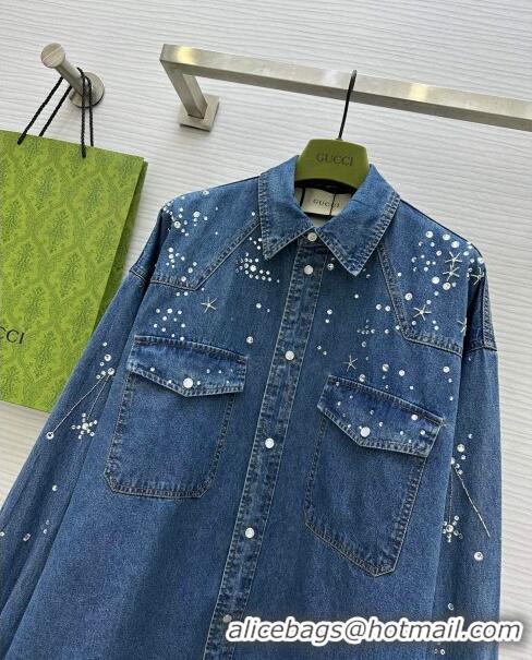 Top Quality Gucci Denim Shirt with Crystals G8722 Blue 2024