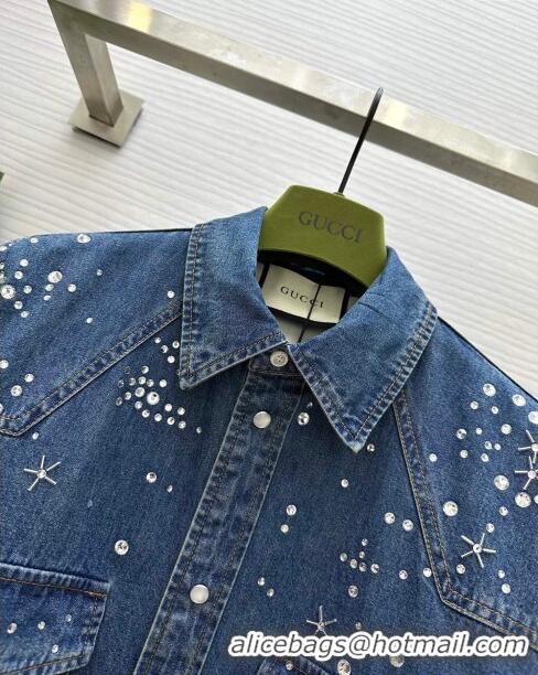 Top Quality Gucci Denim Shirt with Crystals G8722 Blue 2024