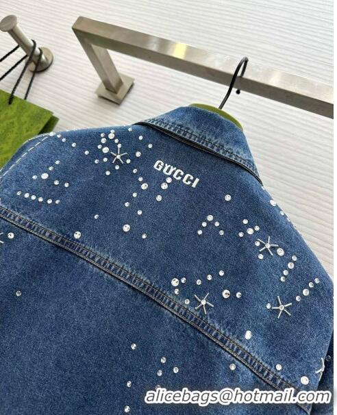 Top Quality Gucci Denim Shirt with Crystals G8722 Blue 2024