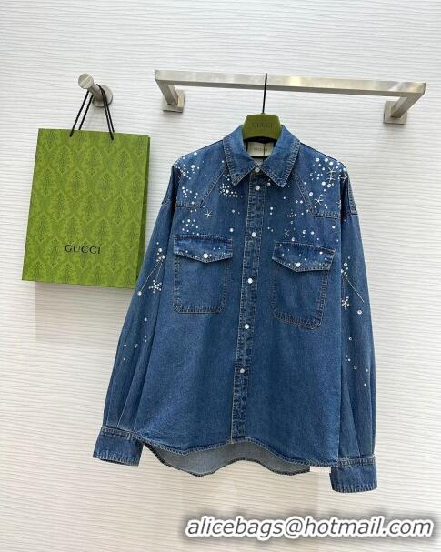 Top Quality Gucci Denim Shirt with Crystals G8722 Blue 2024