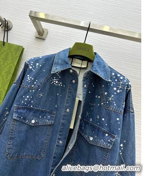 Top Quality Gucci Denim Shirt with Crystals G8722 Blue 2024