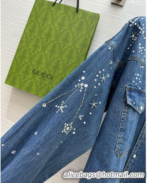 Top Quality Gucci Denim Shirt with Crystals G8722 Blue 2024