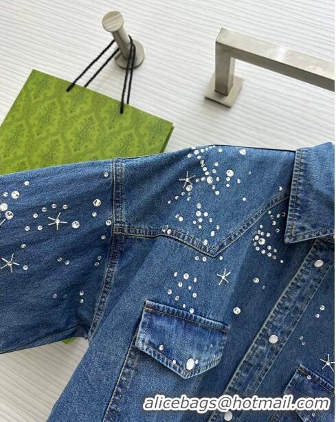 Top Quality Gucci Denim Shirt with Crystals G8722 Blue 2024