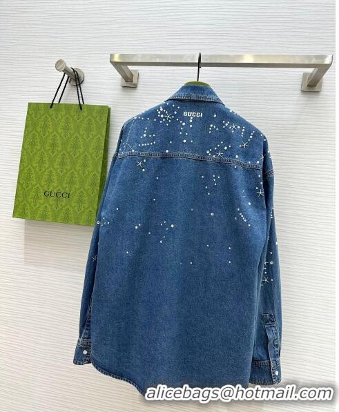 Top Quality Gucci Denim Shirt with Crystals G8722 Blue 2024