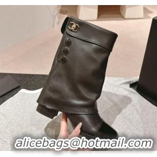 Top Grade Chanel Lambskin & Patent Calfskin Heel Ankle Boots with Buttons Black 817002