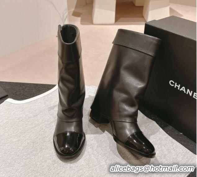 Top Grade Chanel Lambskin & Patent Calfskin Heel Ankle Boots with Buttons Black 817002