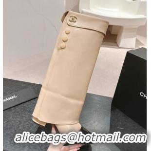 Popular Style Chanel Lambskin & Patent Calfskin Heel High Boots with Buttons Beige 817003