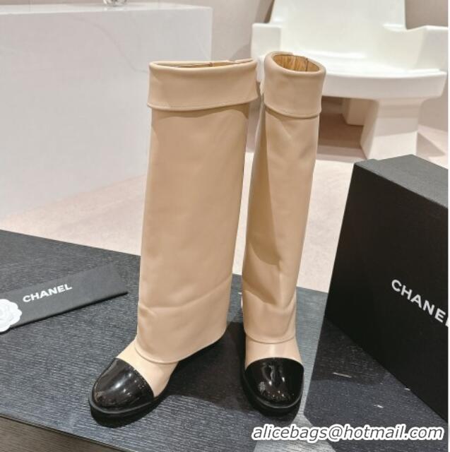 Popular Style Chanel Lambskin & Patent Calfskin Heel High Boots with Buttons Beige 817003