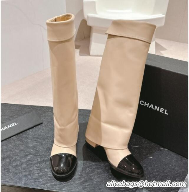 Popular Style Chanel Lambskin & Patent Calfskin Heel High Boots with Buttons Beige 817003