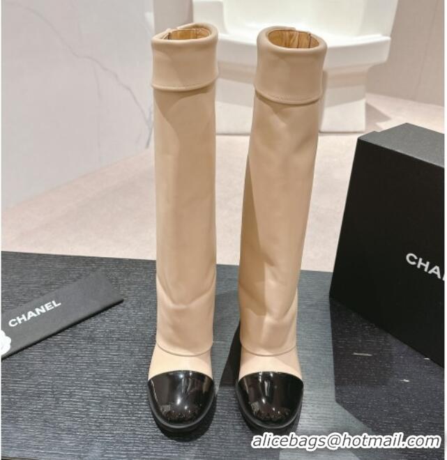 Popular Style Chanel Lambskin & Patent Calfskin Heel High Boots with Buttons Beige 817003