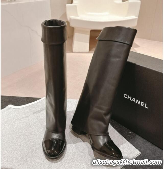 Best Product Chanel Lambskin & Patent Calfskin Heel High Boots with Buttons Black 817004