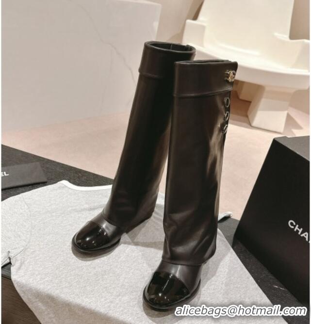 Best Product Chanel Lambskin & Patent Calfskin Heel High Boots with Buttons Black 817004