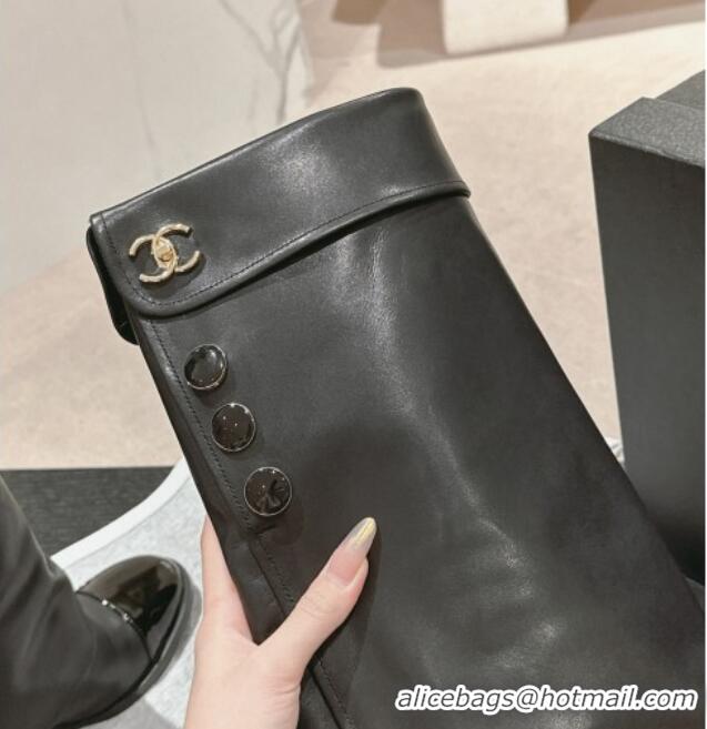 Best Product Chanel Lambskin & Patent Calfskin Heel High Boots with Buttons Black 817004