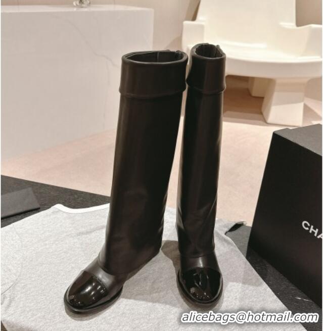 Best Product Chanel Lambskin & Patent Calfskin Heel High Boots with Buttons Black 817004