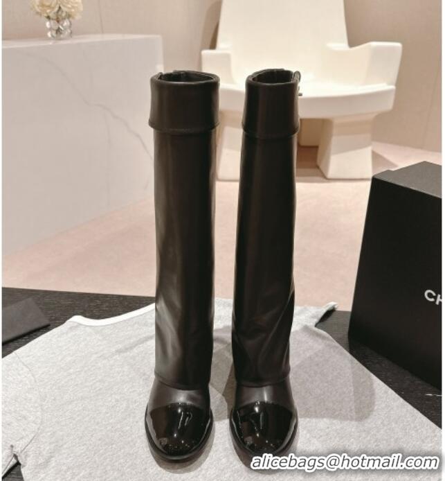 Best Product Chanel Lambskin & Patent Calfskin Heel High Boots with Buttons Black 817004