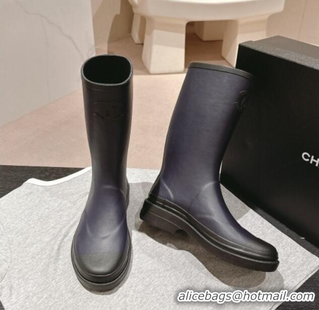 Unique Style Chanel Rubber High Rain Boots Dark Blue 817011