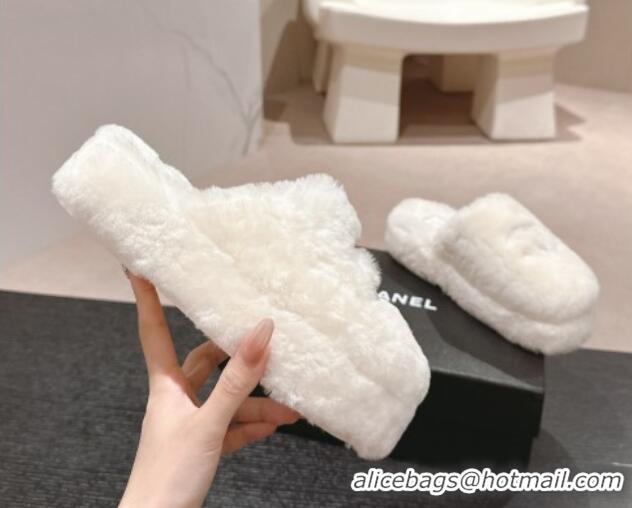 Good Quality Chanel Wool Platform Mules White 817016